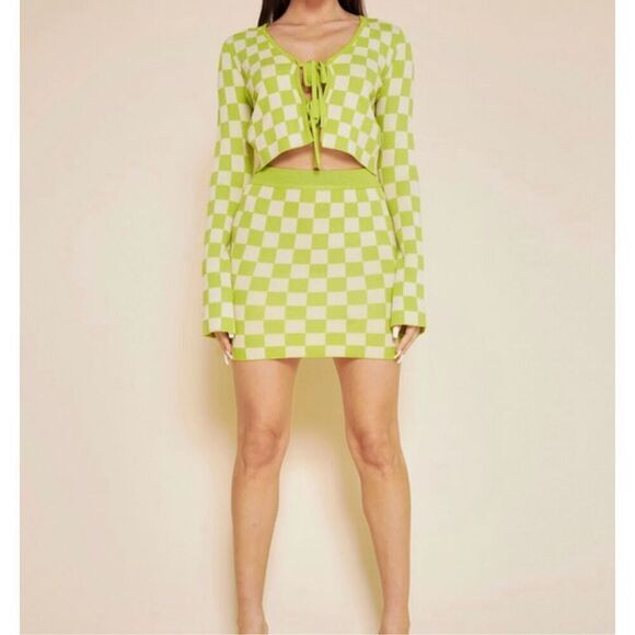 gingham tie closure crop knit cardigan top - Picture 1 of 6